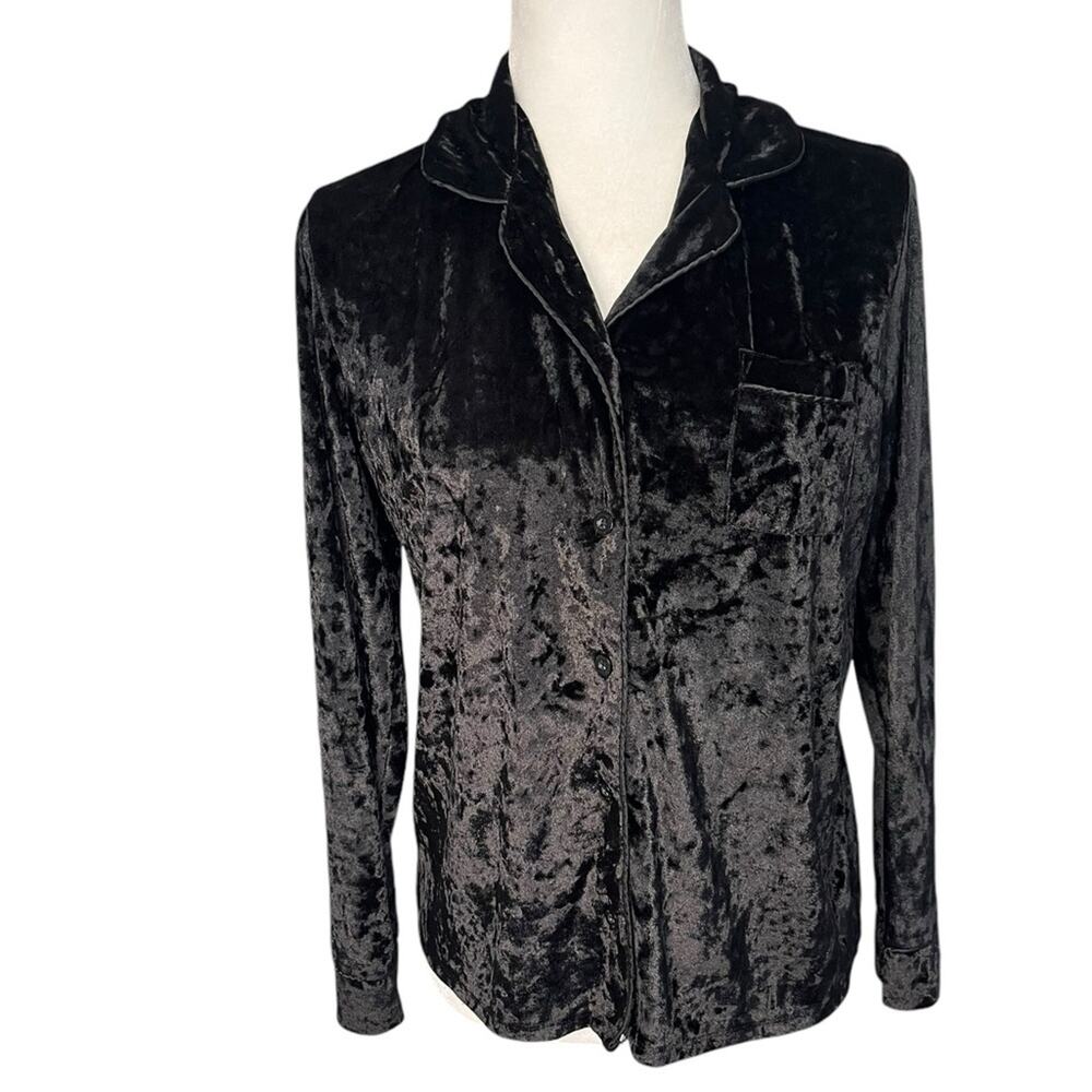 NICOLE MILLER Black Crushed Velvet Button Down Ling Sleeve Top Women's Size S